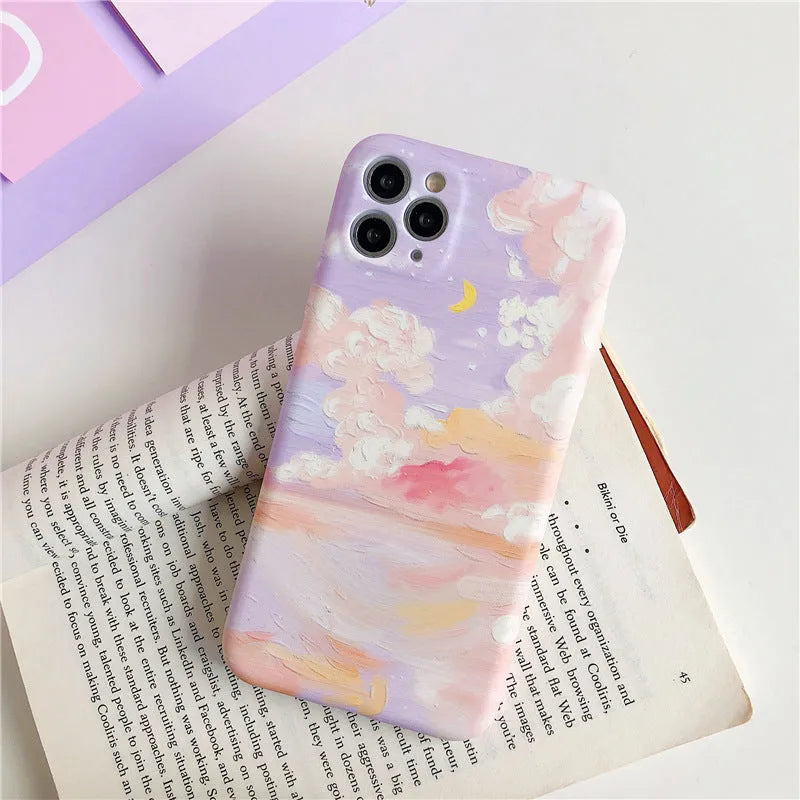 Pink soft TPU phone case with starry sky cloud oil painting design for iPhone