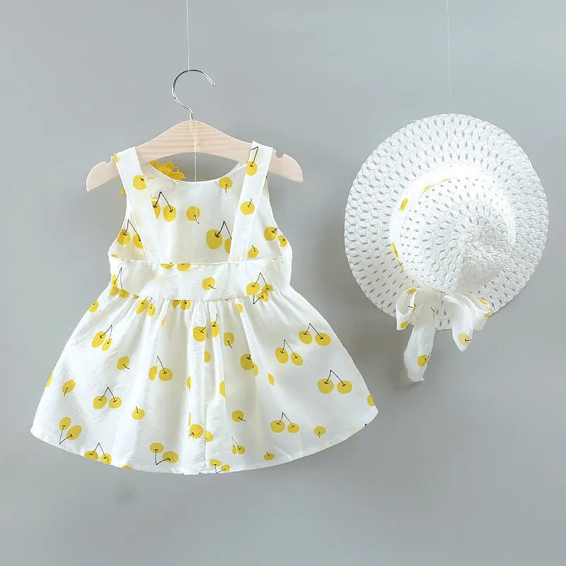 Girls baby cherry dress in cherry blossom green, pink, and yellow, cotton fabric, available in sizes 80-110cm