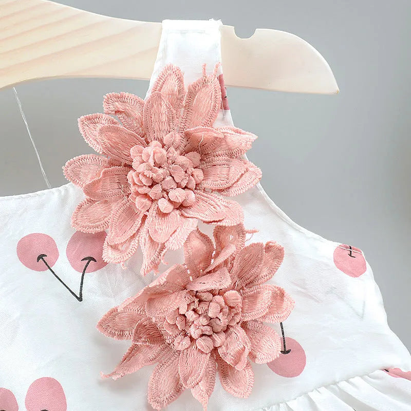 Girls baby cherry dress in cherry blossom green, pink, and yellow, cotton fabric, available in sizes 80-110cm