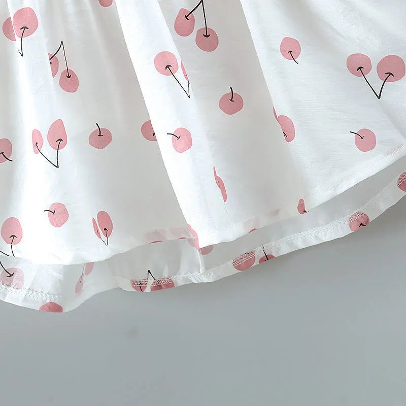 Girls baby cherry dress in cherry blossom green, pink, and yellow, cotton fabric, available in sizes 80-110cm