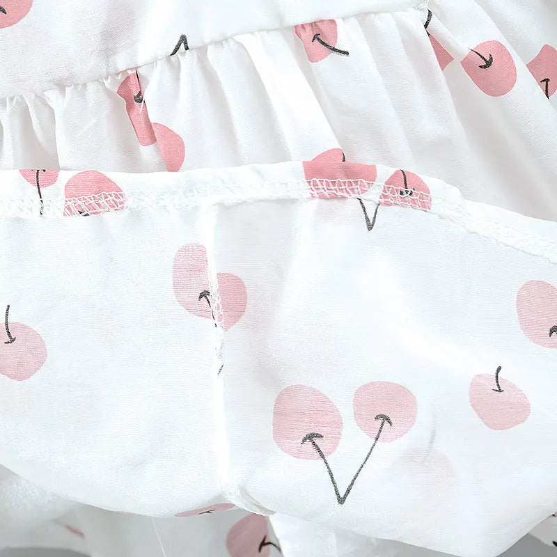 Girls baby cherry dress in cherry blossom green, pink, and yellow, cotton fabric, available in sizes 80-110cm