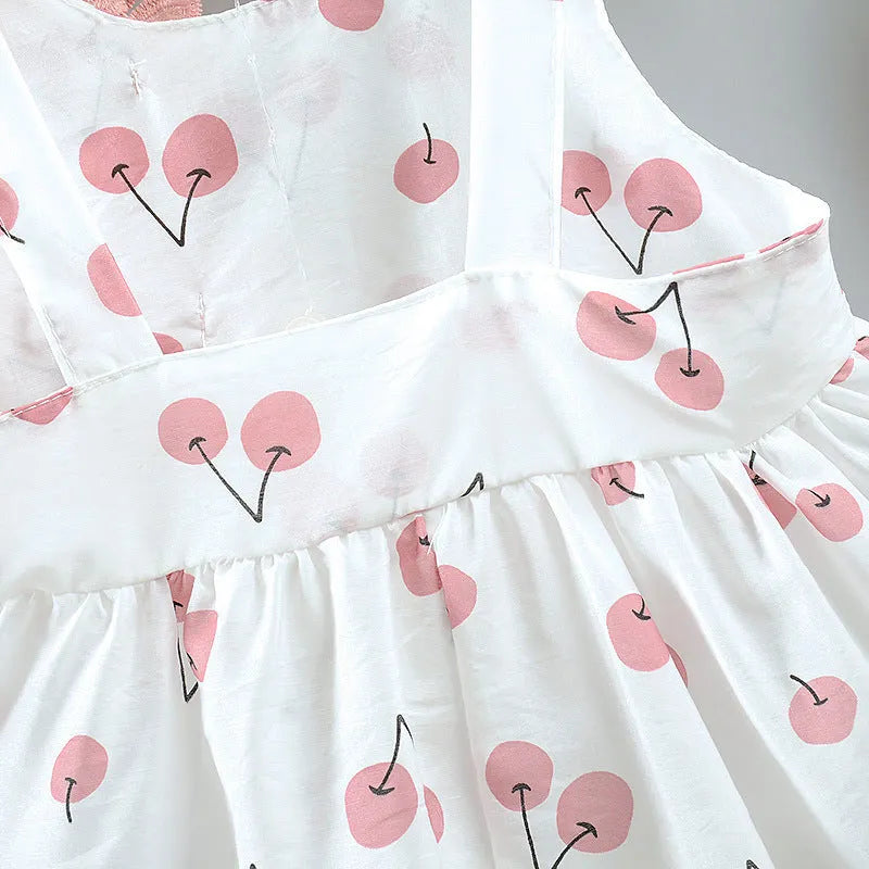 Girls baby cherry dress in cherry blossom green, pink, and yellow, cotton fabric, available in sizes 80-110cm