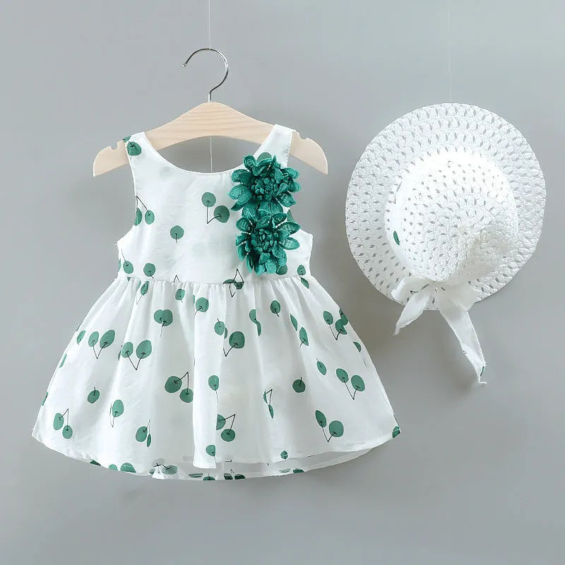 Girls baby cherry dress in cherry blossom green, pink, and yellow, cotton fabric, available in sizes 80-110cm
