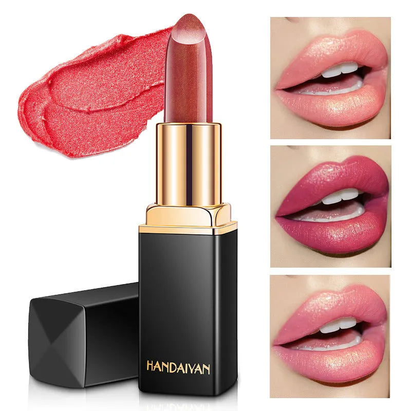 Shiny metallic lipstick with pearlescent colour-change effect and gilt finish, one of nine colour styles