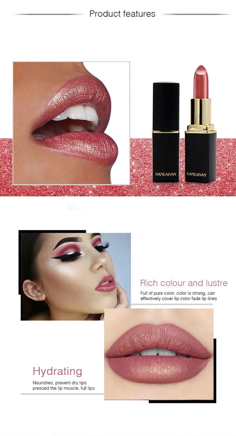 Shiny metallic lipstick with pearlescent colour-change effect and gilt finish, one of nine colour styles