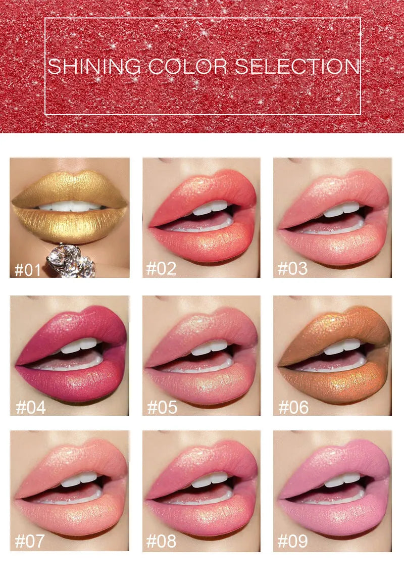 Shiny metallic lipstick with pearlescent colour-change effect and gilt finish, one of nine colour styles