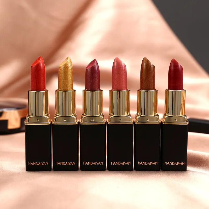 Shiny metallic lipstick with pearlescent colour-change effect and gilt finish, one of nine colour styles
