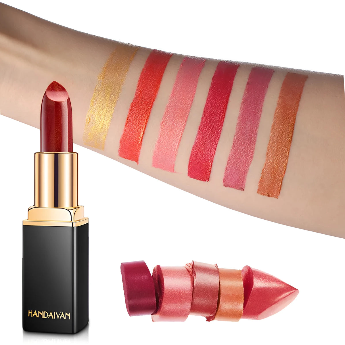 Shiny metallic lipstick with pearlescent colour-change effect and gilt finish, one of nine colour styles