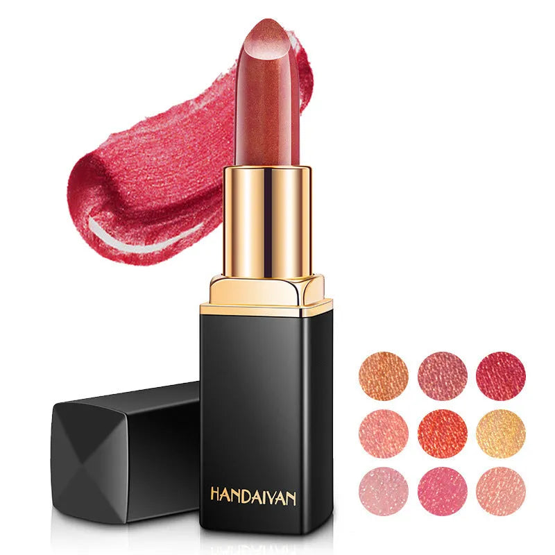 Shiny metallic lipstick with pearlescent colour-change effect and gilt finish, one of nine colour styles