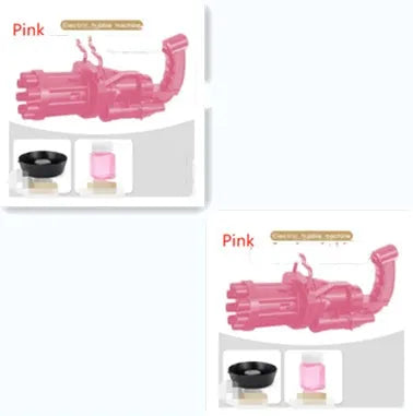 Kids bubble machine gun toy in pink with realistic design, ABS plastic, 2-in-1 fan