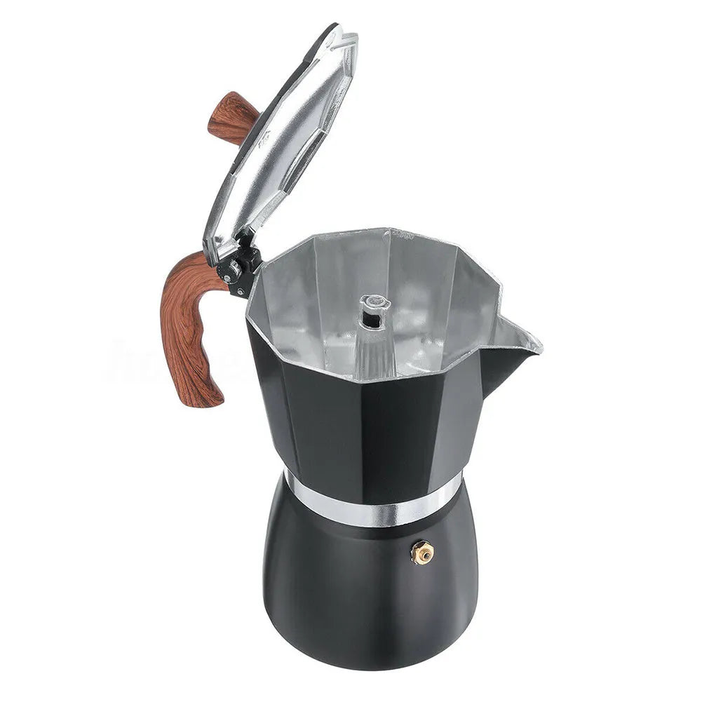 Italian mocha coffee pot set in aluminium with long handle, 150ml and 300ml options, black colour