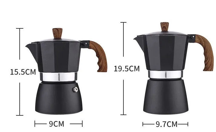 Italian mocha coffee pot set in aluminium with long handle, 150ml and 300ml options, black colour