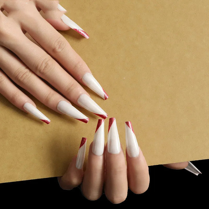 Rose gold beveled edge French manicure long ballet fake nails in boxed set of 24 pieces