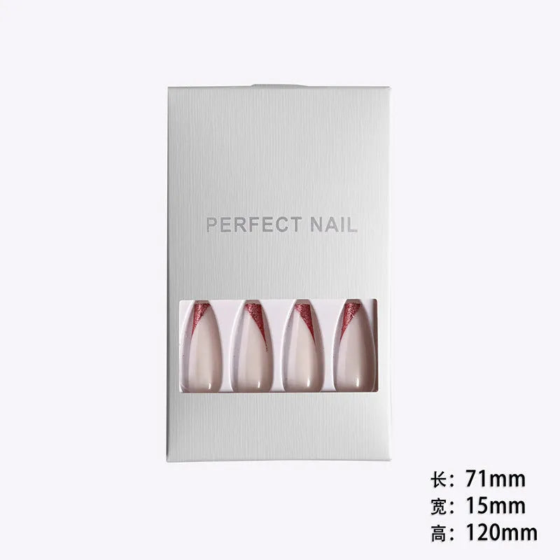 Rose gold beveled edge French manicure long ballet fake nails in boxed set of 24 pieces