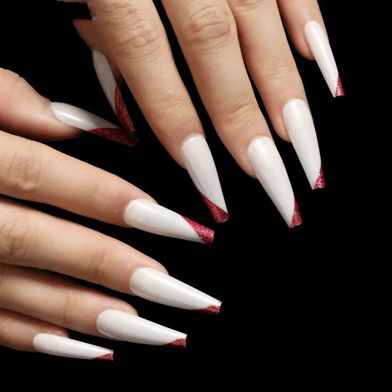 Rose gold beveled edge French manicure long ballet fake nails in boxed set of 24 pieces