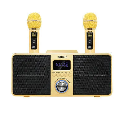 Black and gold home KTV Bluetooth speaker with two wireless microphones on a table.