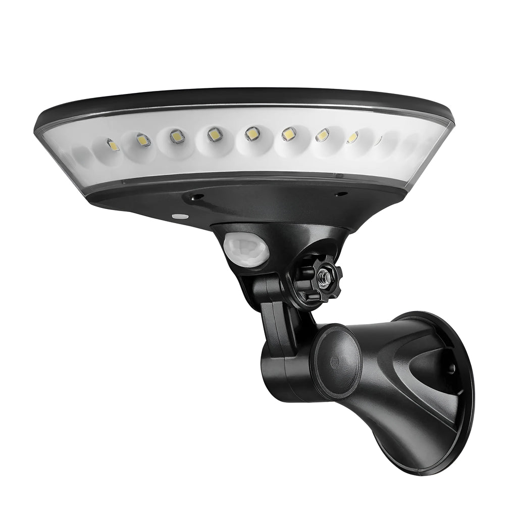 White 360-degree luminous solar garden light with solar panel on top.
