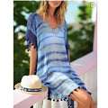 Blue chiffon smudged beach blouse with loose plus size fit and purple ball pattern