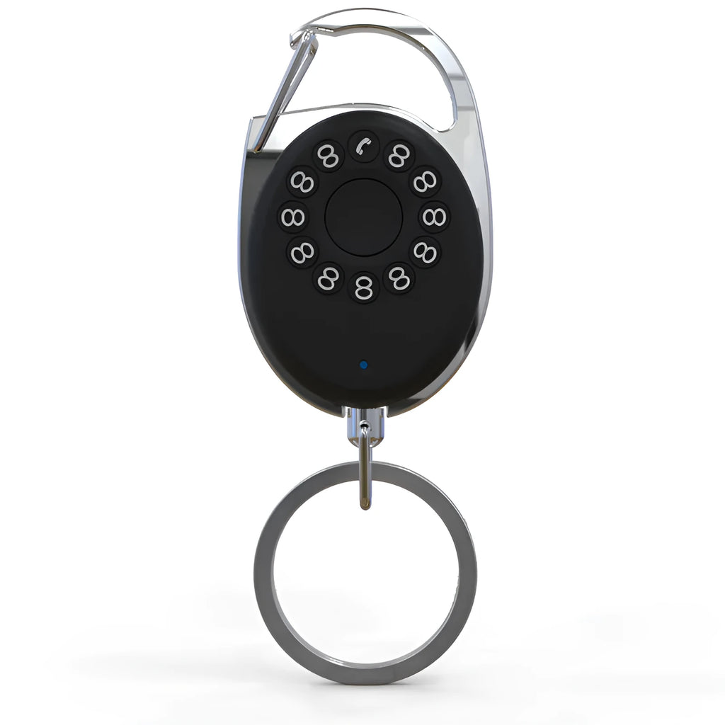 Black ABS plastic Bluetooth anti-lost tracker keychain with metal loop, shown with phone and keys.