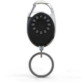 Black ABS plastic Bluetooth anti-lost tracker keychain with metal loop, shown with phone and keys.