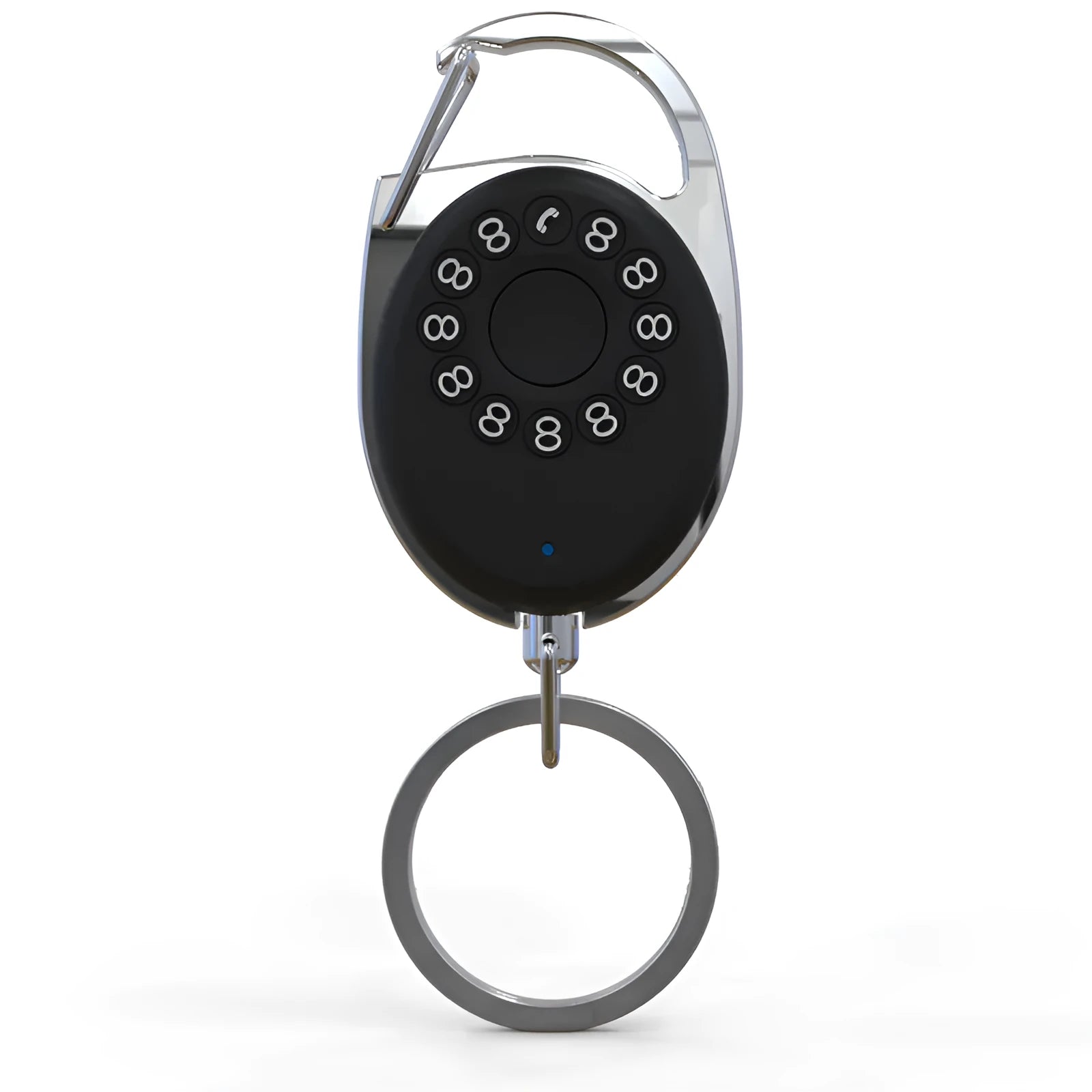 Black ABS plastic Bluetooth anti-lost tracker keychain with metal loop, shown with phone and keys.