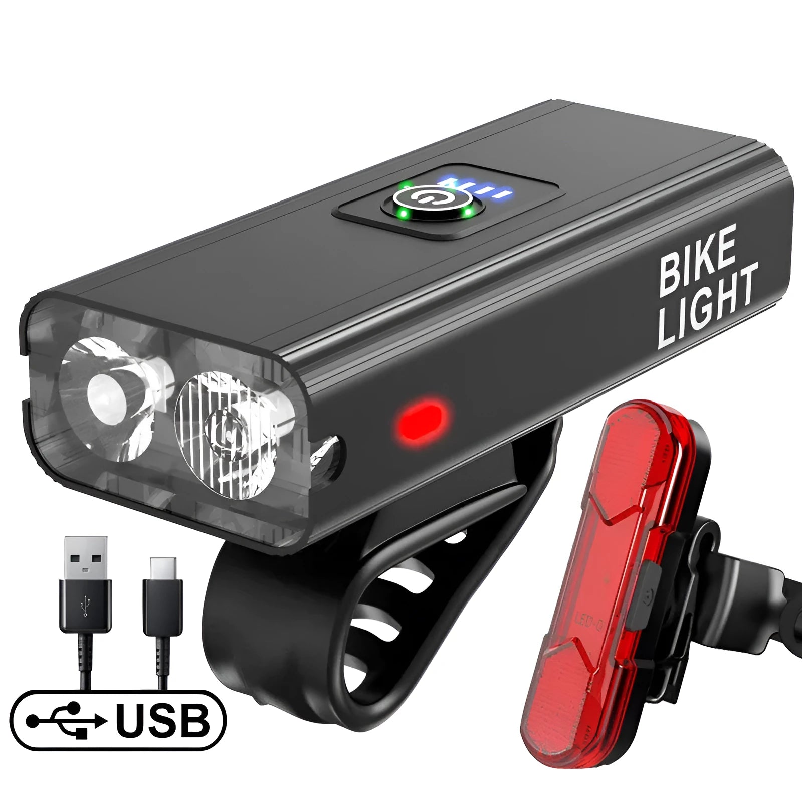 USB rechargeable bike light with power display, IPX6 waterproof, aluminium alloy body