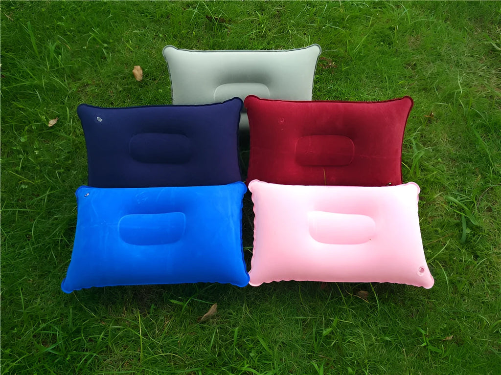 Outdoor PVC inflatable pillow in red, rectangular shape, 38x24cm, with soft flocking surface for camping or travel
