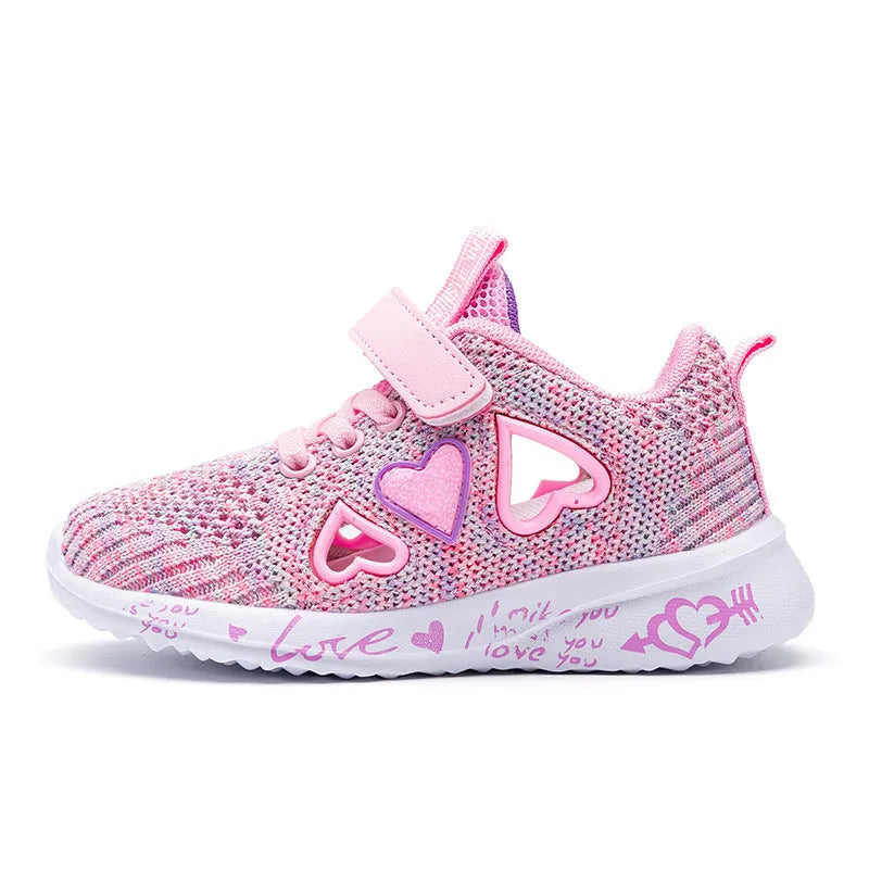 Pair of pink children's velcro sneakers with mesh upper and hand-painted pattern on a white background.