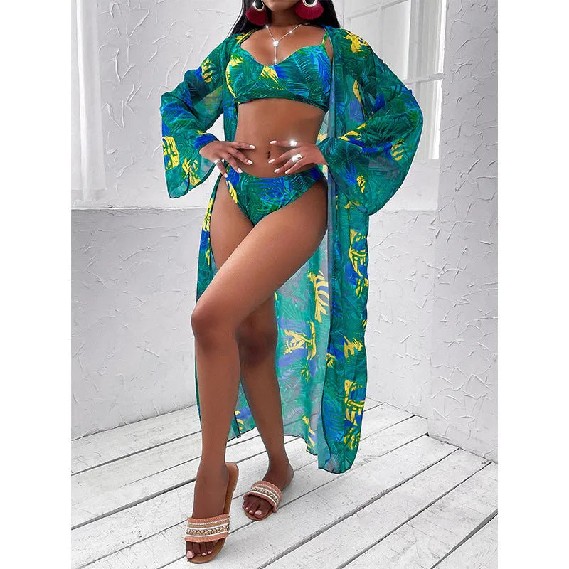 Women's three-piece printed bikini swimsuit with chest pad in green, orange, black, sizes S-XL.