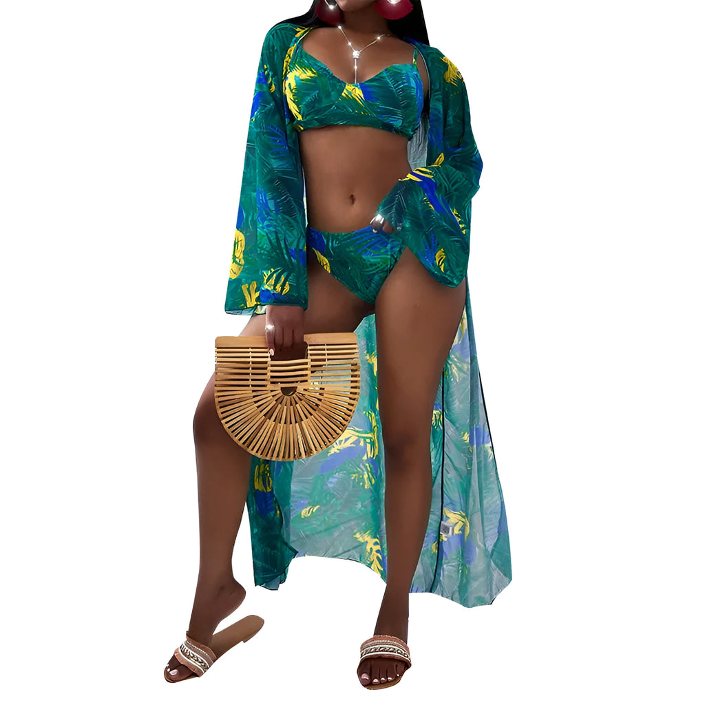 Women's three-piece printed bikini swimsuit with chest pad in green, orange, black, sizes S-XL.