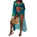 Women's three-piece printed bikini swimsuit with chest pad in green, orange, black, sizes S-XL.