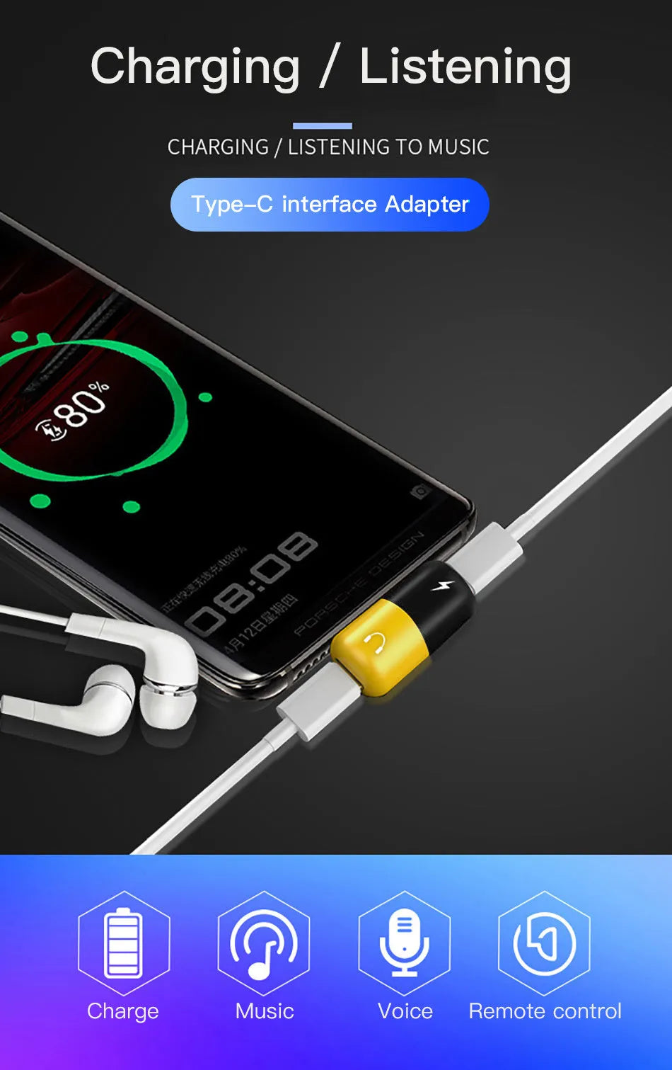 Blue Huawei phone case with integrated adapter showing 3.5mm audio jack and charging port
