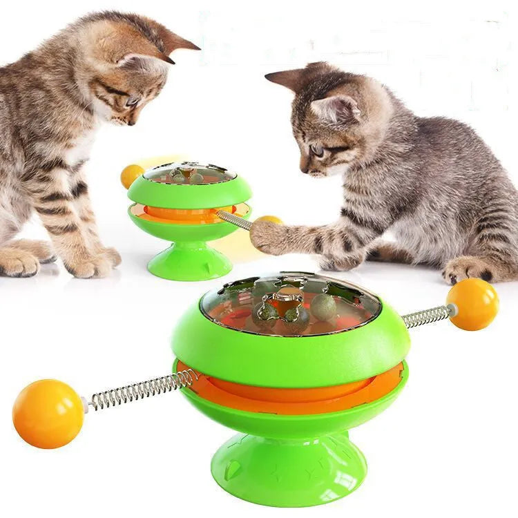 Rotatable cat toy with catnip balls and suction cup base in lake blue, for indoor interactive cat play