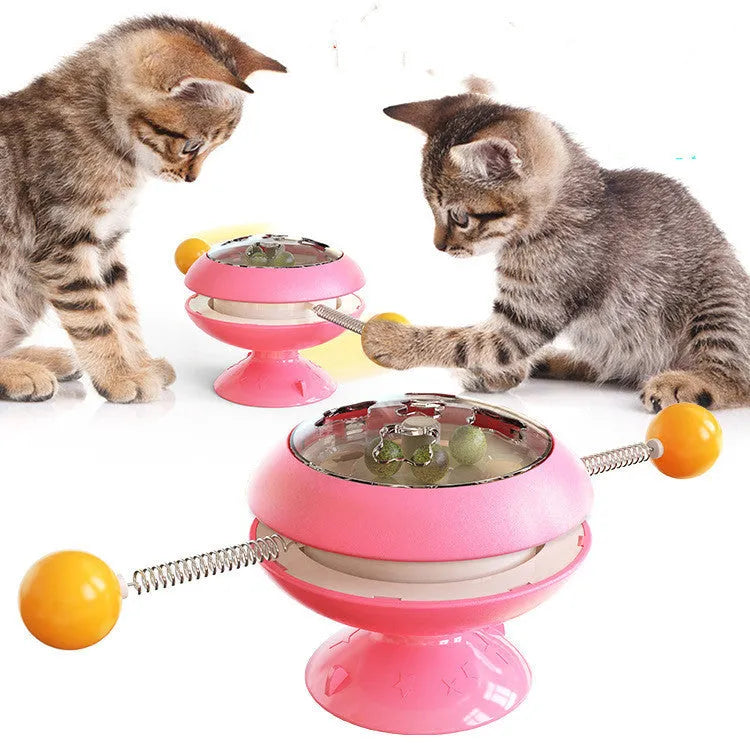 Rotatable cat toy with catnip balls and suction cup base in lake blue, for indoor interactive cat play