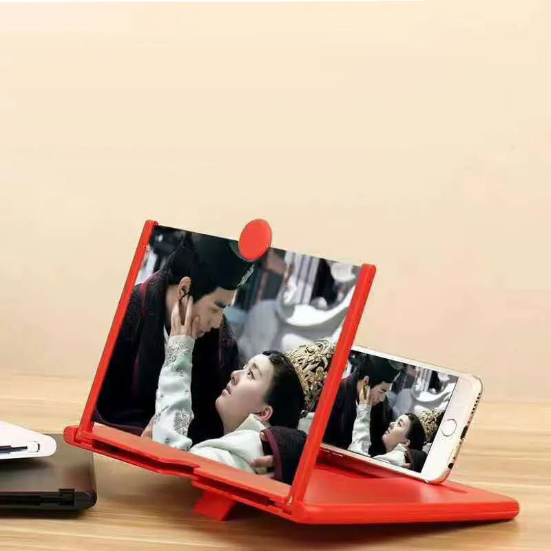 Acrylic lens phone screen magnifier with a smartphone in place, in black, white, and red