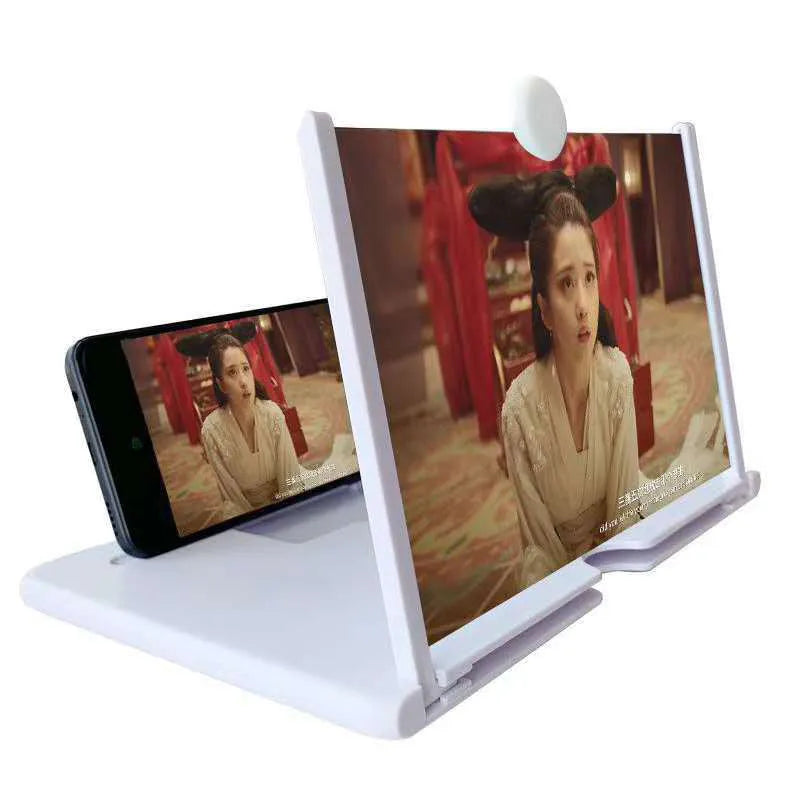Acrylic lens phone screen magnifier with a smartphone in place, in black, white, and red