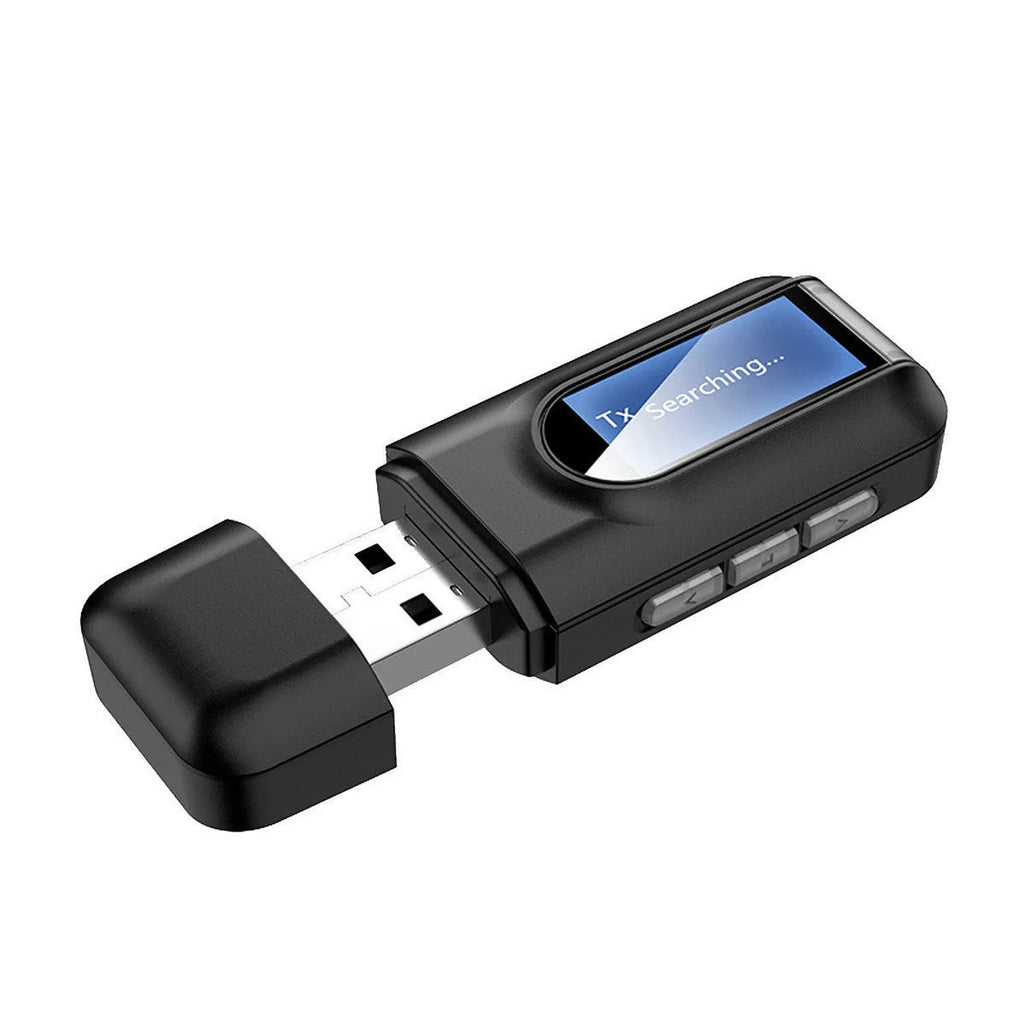 Black USB Bluetooth 5.0 audio adapter receiver transmitter combo for TV computer car with AUX interface