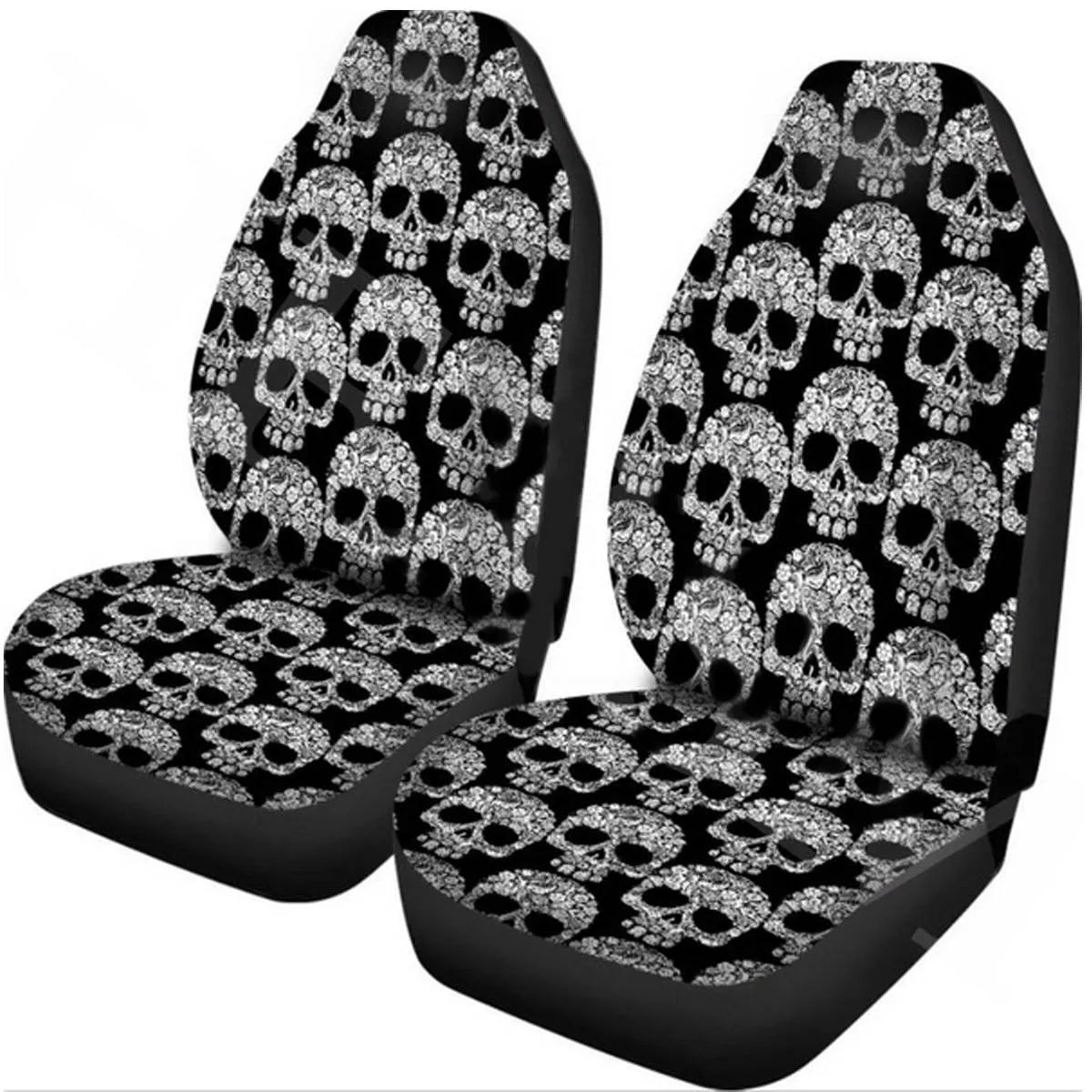 Universal car seat cover with classic skull print, available in six colours, fits most vehicles, single or double seat option, all-season use.
