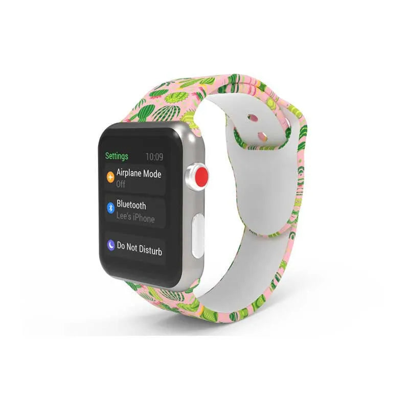 Colourful silicone Apple Watch strap showing tie-dye and leopard print design options
