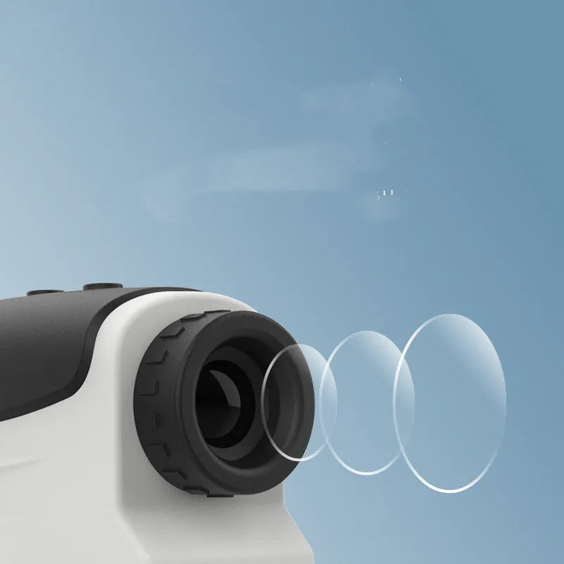 DKW-S black laser golf rangefinder with monocular lens and display showing distance measurement.