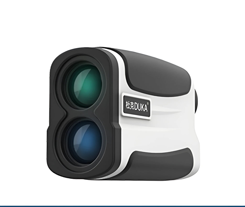 DKW-S black laser golf rangefinder with monocular lens and display showing distance measurement.