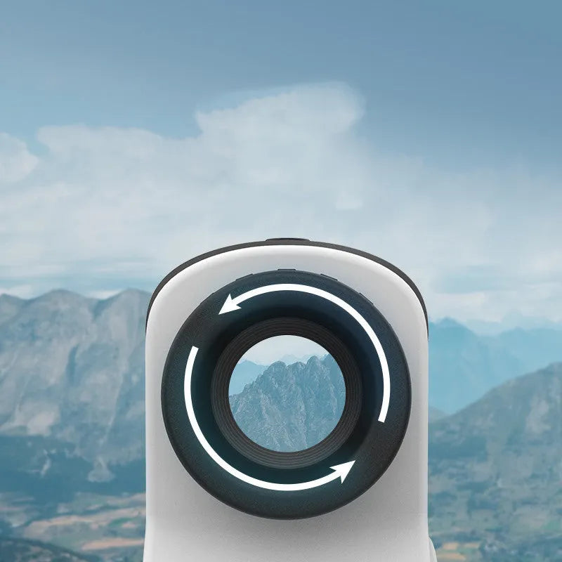 DKW-S black laser golf rangefinder with monocular lens and display showing distance measurement.