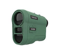 DKW-S black laser golf rangefinder with monocular lens and display showing distance measurement.