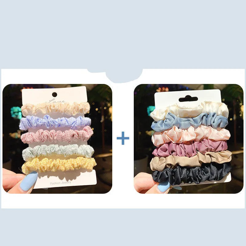 Children's hair ring and head rope set showing 20-piece and 6-piece dark packs in various colours.