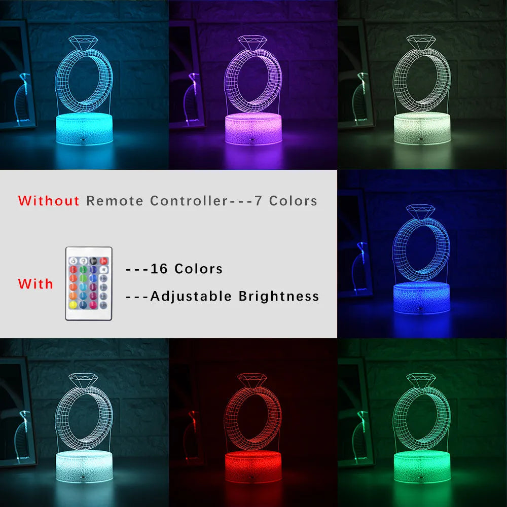 3D LED night light showing holographic diamond ring with colour-changing glow on a black base.