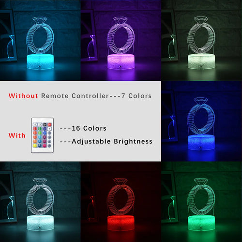 3D LED night light showing holographic diamond ring with colour-changing glow on a black base.