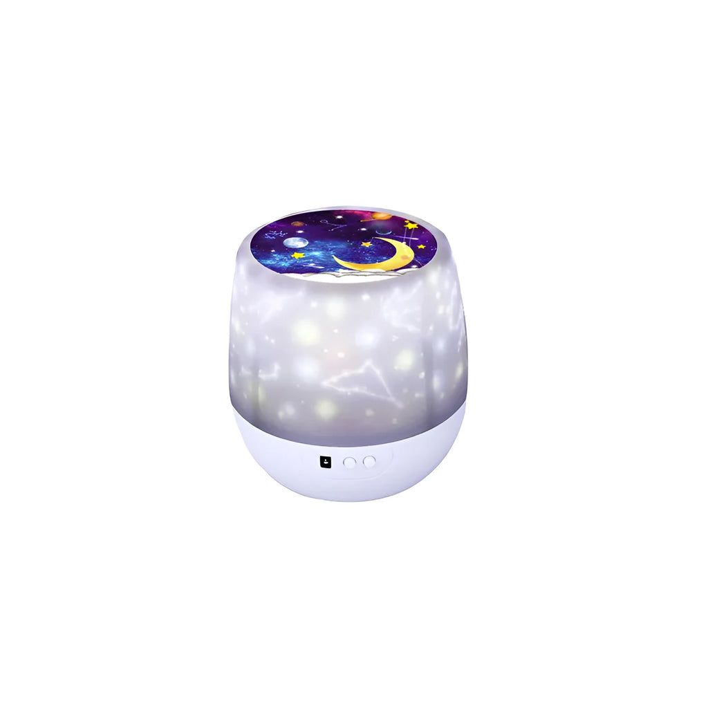Pruixin rotating star projector night light projecting galaxy patterns on a bedroom ceiling.