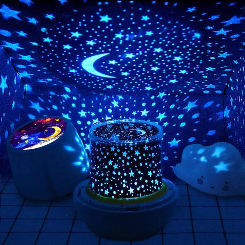 Pruixin rotating star projector night light projecting galaxy patterns on a bedroom ceiling.