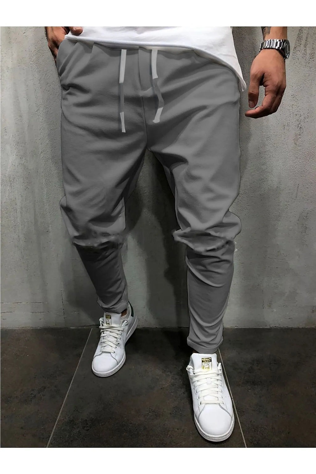Men's cotton blend cropped pants with elastic waist, tight fit, small straight leg, available in multiple colours