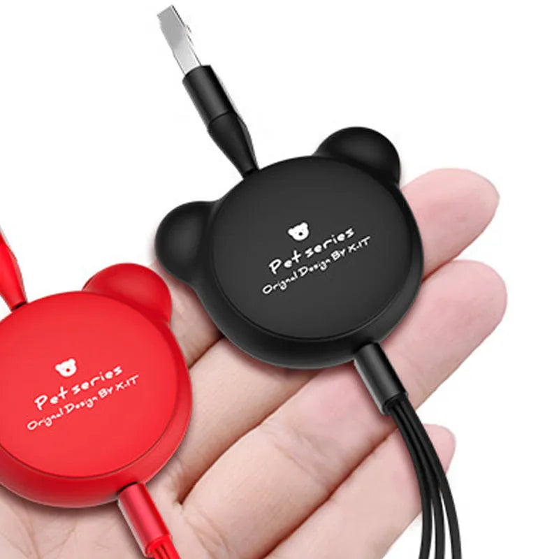Telescopic bear figure organising red, pink, black, and green Mini USB, 30PIN, and Micro USB data cables.